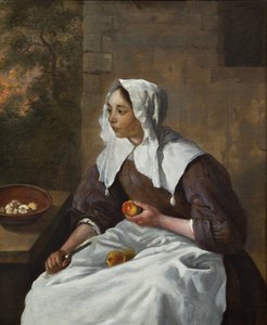 Dívka loupající jablka (olej na desce) od Gabriel Metsu