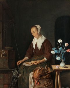 Žena při jídle, známá jako "Kočičí snídaně", asi 1661-64 (olej na desce) od Gabriel Metsu