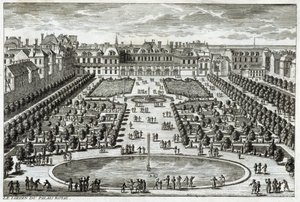 Pohled na Parc du Palais Royal v Paříži. Rytina Perelle, konec 17. století.