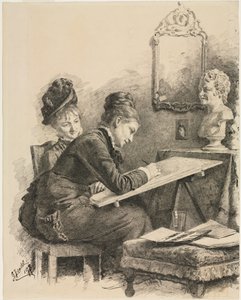 Dvě ženy skicující sochu, 1878. od Gabriel von Hackl