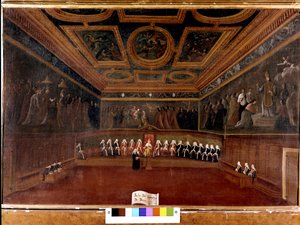 Rada deseti v Dóžecím paláci v 18. století - Sala Del Consilgio di Dieci 1725 - Místnost Rady deseti, Dóžecí palác, Benátky (18.) od Gabriele Belly (1730 - 1799) - Dóže a rada Deset. Muzeum Correr. Benátky