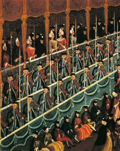Itálie, Benátsko, Benátky, Jídlo v divadle San Benedetto na počest vévodů ze Severu, detail od Gabriele Bella