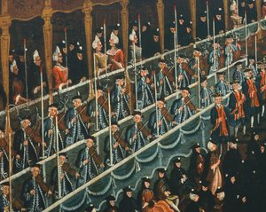 Oběd v divadle San Benito nabízený Dóžetem na počest princů severu, Benátky, Gabriel Bella (1730-1799), olej na plátně, Detail od Gabriele Bella