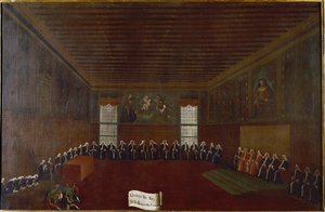 Pohled do místnosti kriminální karantény, Nejvyššího soudu nebo Rady čtyřiceti Obraz Gabriele Belly (1733-1799) Benátky 18. století, Fondazione “” Querini Stampalia”” od Gabriele Bella