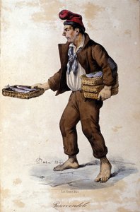 Malé metiery Neapole: prodavač ryb (rybář). Litografie F. Dury
