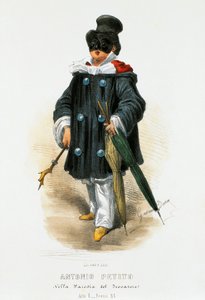 Herec Antonio Petito (1822-1876) v jevištním kostýmu v parodii Trubadúr, litografie Gaetano Dura (1805-1874)