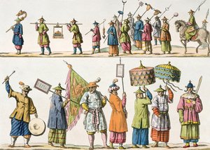 Hlavní průvodci průvodu čínského císaře, ilustrace z „Le Costume Ancien et Moderne“ od Giulia Ferraria, vydáno kolem 20.–30.