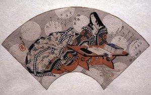 Court Lady Preparing Ink, design pro ventilátor, cca 1818-30 (woodblock print)