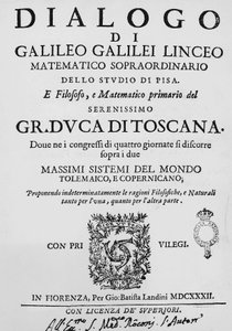 Titulní strana Dialogu o dvou hlavních světových systémech, Ptolemaiově a Koperníkově, od Galilea Galileiho (1564-1642), vydaného ve Florencii v roce 1632 Gianem Battistou Landinim