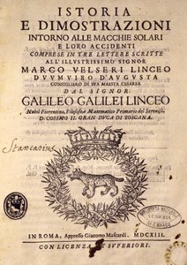 Titulní strana Historie a ukázky týkající se slunečních skvrn a jejich vlastností od Galileo Galilei