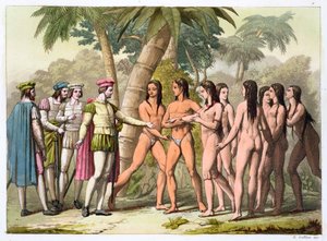 Kryštof Kolumbus s Hernanem Cortesem přijímají rodilou Američanku jako dárek, c1820-1839