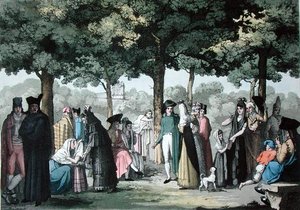 Ramblas v Barceloně, z „Le Costume Ancien et Moderne“ od Julese Ferraria, kolem roku 1820 (barevné lito) od Gallo Gallina
