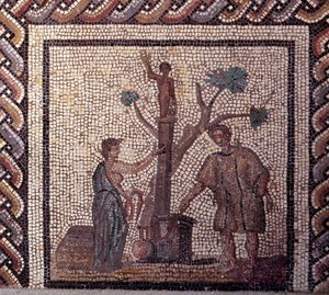Gallo Roman Art: mozaiková dlažba představující rustikální kalendář. Scéna oběti v Ceres a Apollo. Konec 2., začátek 3. století po JC. Ze Saint-Romain-en-Gal (Rhone). Saint Germain en Laye, Národní muzeum archeologie od Gallo Roman