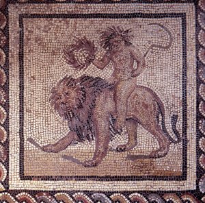 Gallo Roman Art: mozaiková dlažba představující rustikální kalendář. Letní alegorie o lvu. Konec 2., začátek 3. století po JC. Ze Saint-Romain-en-Gal (Rhone). Saint Germain en Laye, Národní muzeum archeologie od Gallo Roman