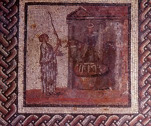Gallo Roman Art: mozaiková dlažba představující rustikální kalendář. Práce má brusný kotouč. Konec 2., začátek 3. století po JC. Ze Saint-Romain-en-Gal (Rhone). Saint Germain en Laye, Národní muzeum archeologie od Gallo Roman