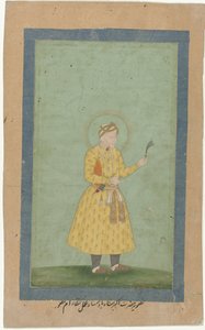 Portrét Akbara, stojícího, s chocholem v ruce od Gangaram (attributed to)