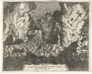 Bitva u Lowestoftu, 1665 Námořní bitva mezi Angličany a Nizozemci 13. června 1665 (název na předmětu) od Gaspar Bouttats (attributed to)