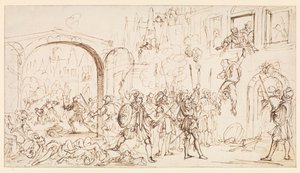 Masakr svatého Bartoloměje, kolem roku 1686 (černá křída, pero a hnědý inkoust na položeném papíře, s hnědým inkoustovým rámováním)
