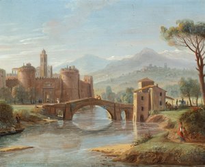 Říční krajina s mostem vedoucím do opevněného města (olej na mědi) od Gaspar van (1653-1736) Wittel