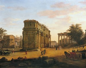 Oblouk Septimia Severa v Římě, od Gaspara van Wittela (1652 nebo 1653-1736), olej na panelu, 565 x 9056 cm, detail od Gaspar van Wittel
