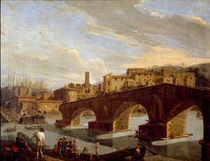 Pohled na Tiberu na úrovni mostu v Římě Obraz Gaspare Vanvitelli (Gaspar van Wittel, Caspar Van Vitelli) (1653-1736) Rozměr 39,5x51 cm Milán, Galleria d
