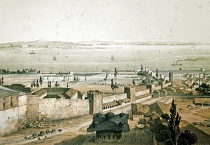 Panorama hradeb Konstantinopole, deska 23 z „Aya Sofia Constantinople“, vyryl Louis Haghe (1806-85) 1852 (barva litho)
