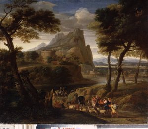 ""Krajina se skupinou cestovatelů"" (Krajina s karavanou) Malba Gasparda Dugheta (1615-1675) Státní muzeum pod širým nebem 17. století Palác Gatchina, Petrohrad