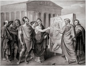 Athénský politik Pericles (495-429 př. n. l.) a jeho společník Aspasie řídí Phidiasovo dílo pro Parthenon a Athenes (Perikles a Aspasia řídí dílo Phidias pro Parthenon v Aténách) Rytina podle obrazu Gaspare Landiho (1756-1830). 19 od Gaspare Landi