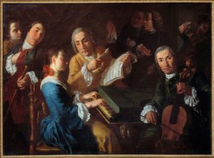 Koncert Hudebník na cembalo a violoncellista. obraz Gaspare Traversi (1722-1770) 18. století Sun. 0,96x1,3 m Rouen, Musee des Beaux Arts
