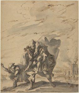 Aeneas nesoucí Anchise z hořící Tróje, asi 1733 (pero a tuš)