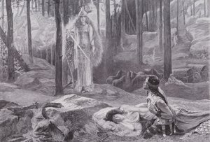 Zjevení (Brunnhilde objevuje Sieglinde a Siegmunda) (litho) od Gaston Bussiere
