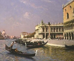 Benátky: Dóžecí palác, knihovna Marciana a Santa Maria della Salute v dálce od Gaston Hippolyte Boucart