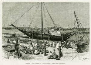 Týpí na trhu Zanzibar (Tanzanie). Rytina G.Vuilliera k ilustraci příběhu Plavba mezi Benadiry, Somálci a Bayouny, v roce 1882 a 1883, od G.Revoila, v le tour du monde 1888, režie Edouard Charton (1807-1890), Hachette, Paříž. od Gaston Vuillier