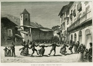 Tance na veřejném náměstí. Rytina G.Vuilliera, k ilustraci příběhu Le val d