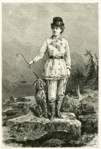 Portrét Madame Marie De Ujfalvy-Bourdon v cestovním oblečení se svým psem, provdané za etnologa lingvistu a badatele Charlese Eugena Ujfalvyho (1842-1904), doprovázela ho na všech jeho výpravách. Rytina G.Vuillier, podle přírody pro ilustraci