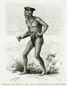 Sibou Mobang, hlava kanibalů. Rytina G.Vuilliera k ilustraci příběhu De Koutei a Bandjirmasin, plavba Borneem, od Carla Bocka, in le tour du monde 1890, režie Edouard Charton (1807-1890), Hachette, Paříž. od Gaston Vuillier
