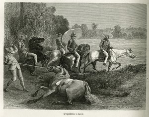 Expedice na koni za průzkumem údolí Terable, rytina podle kresby G.Vuilliera, k ilustraci příběhu De Cayenne aux Andes, od Julese Crevauxe, lékaře francouzského námořnictva, v letech 1878-1879, zveřejněno v prohlídce du monde, unde od Gaston Vuillier