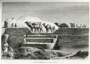 Nádrž Abdallah (Saúdská Arábie). Rytina G.Vuilliera pro ilustraci příběhu „“ pelerinage au Nedjed, kolébka arabské rasy“ od Lady Anny Blunt, v letech 1878-1879, publikovaná v Tour du monde, pod vedením Edouarda Chartona (1807- 18 od Gaston Vuillier