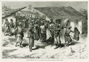 Ve vesnici Bakourou jsou domorodým obyvatelům nabízeny dárky pro mírová jednání. Rytina G.Vuilliera pro ilustraci příběhu Dans les tenebres de l
