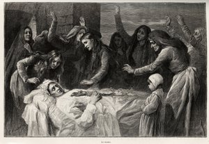Vocero, korsická funebre píseň vyzývající k pomstě. Rytina a příběh „La Corse““ od Gastona Vuilliera (1845-1915), v roce 1890, v Le tour du monde, nouveau journal des voyages, pod vedením Edouarda Chartona (1807-1890)