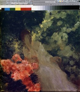 Na zahradě. (Na zahradě). Žena v bílém, tvářící se zoufale, schovává tvář v dlani. Obraz Gastona de La Touche (1854-1913)