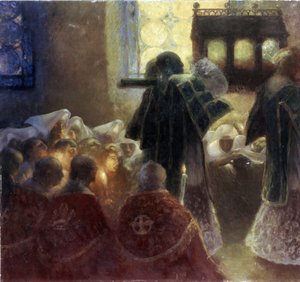 Přenesení svatých relikvií (Překlad svatých relikvií). Obraz Gastona de La Touche (1854-1913). Francouzské umění 19. století. Olej na plátně. Muzeum Ermitáž, Petrohrad.