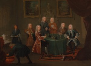 Bratři Clarkeové s dalšími pány, kteří berou víno, mezi 1730 a 1735.