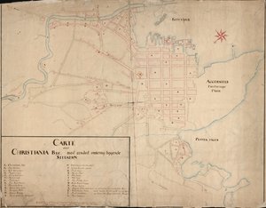 Norský bokmål: Mapa z mapové sbírky Národní knihovny. Mapa byla zveřejněna v Håndtegnet (1649) a ukazuje Christiania od Geelkerck