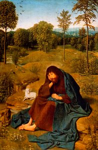 John Baptist in Wilderness, obraz Geertgen tot Sint Jans Panel (cca 1460-cca 1490), panel, 42x28 cm, Nizozemsko