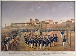 Zastřelení Pantaleona Germana de Ribona a jeho 8 společníků v Cartageně dne 24. února 1816 (barevná rytina) od Generoso Jaspe