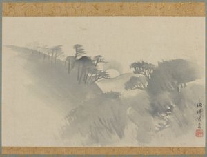 Krajina s kopcem, stromy a východem měsíce, období Edo, 1747-1868. od Genki
