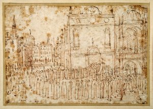 Benátský průvod pohybující se od scuoly do sousedního kostela (pero a inkoust přes křídu na papíře) od Gentile Bellini