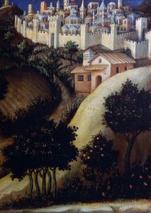 Oltářní obraz Klanění mudrců, detail středového panelu predely z Egypta od Gentile da Fabriano