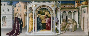 Oltářní obraz Klanění tří králů: detail prezentace v chrámu - predelle (olej na panelu od Gentile da Fabriano